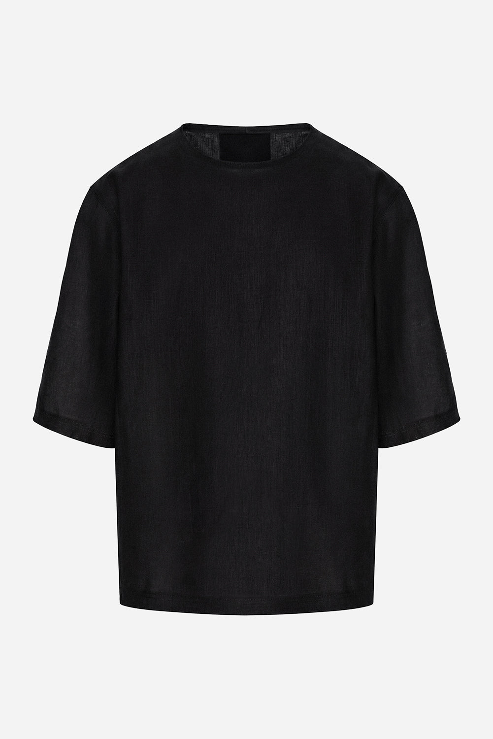 Tricou bărbați negru din in cu guler rotund și cusătură decorativă pe spate, manechin invizibil, vedere din față