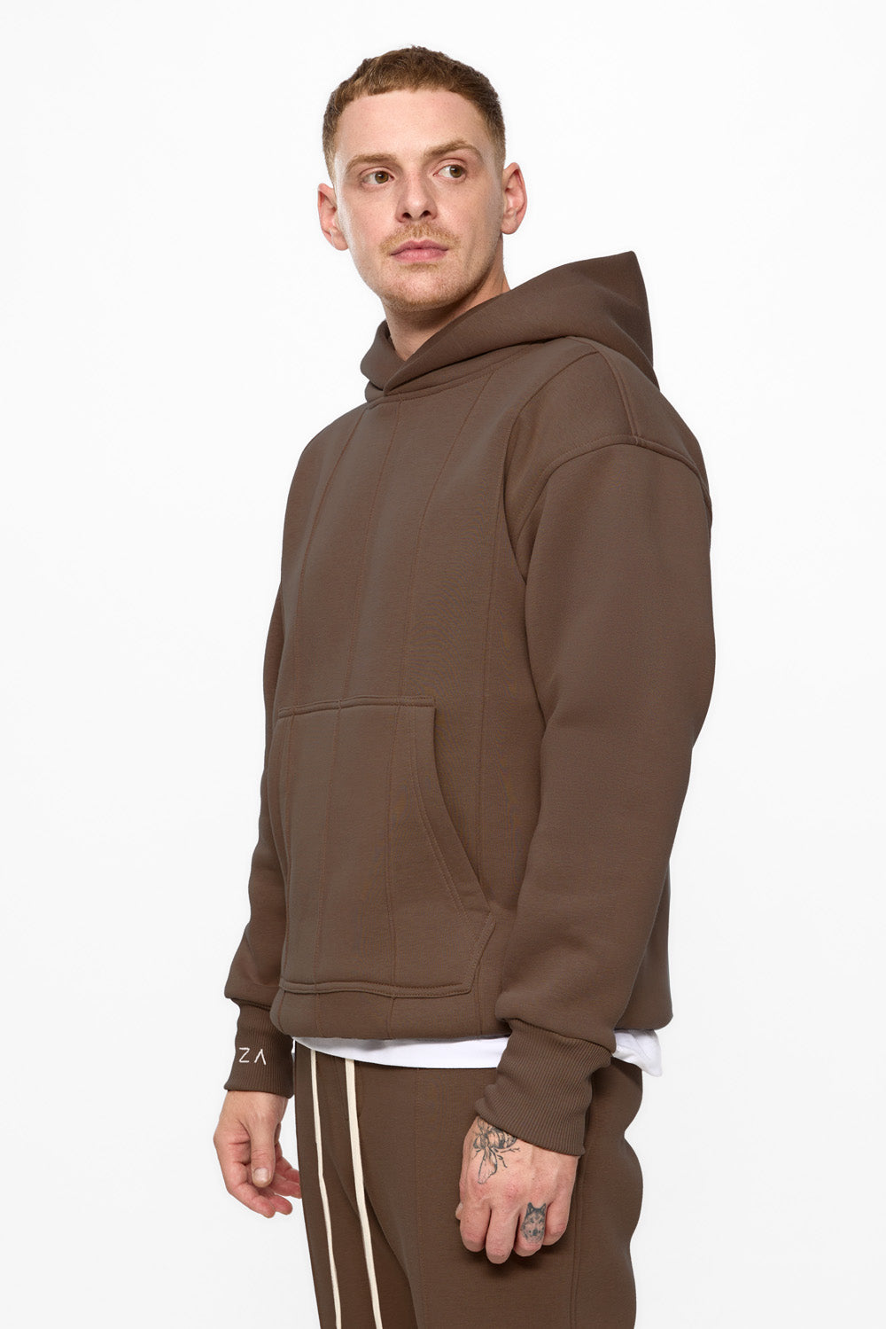 247 brown fleece Hoodie with decorative stitching