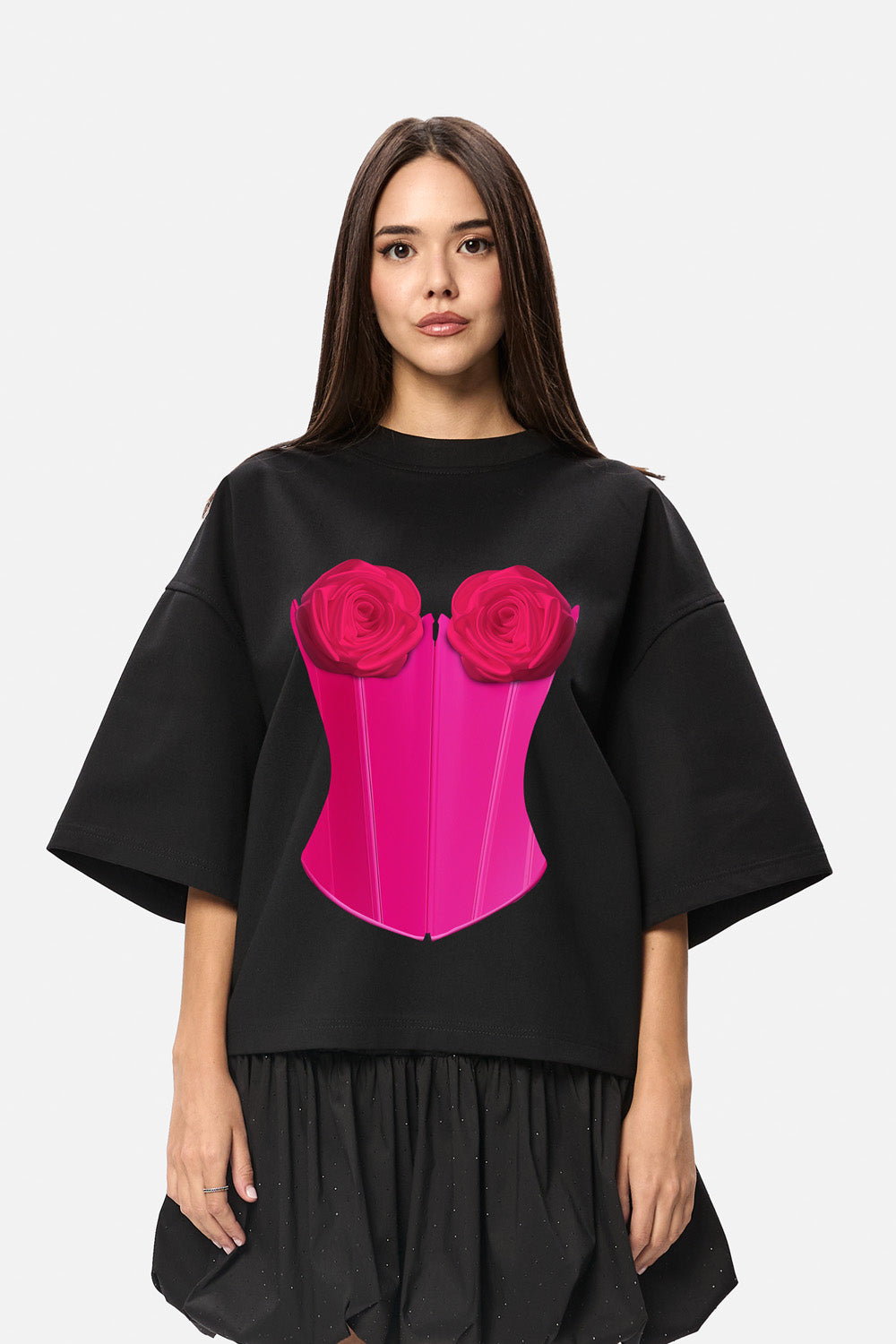 Tricou de femei cu imprimeu cu corset Roses | Confort & Eleganță | Negru | Atelier Hamza