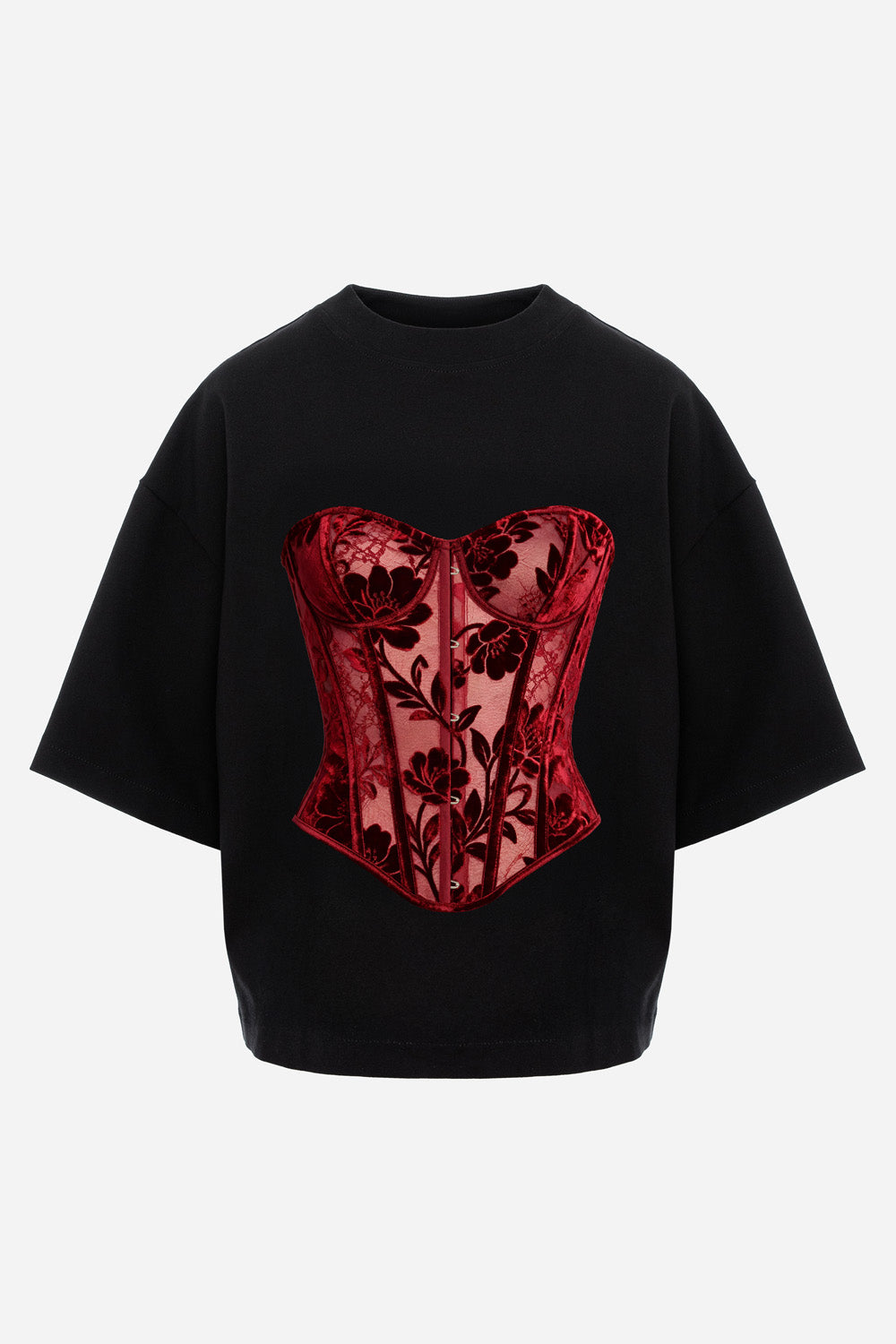 Red Lace printed Black T-Shirt