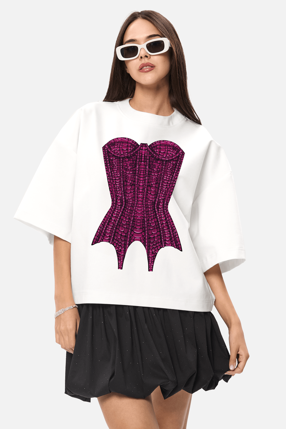 Tricou de dama Kyo velvet, alb, off-white, minimalist, cu print deosebit corset , din bumbac premium.