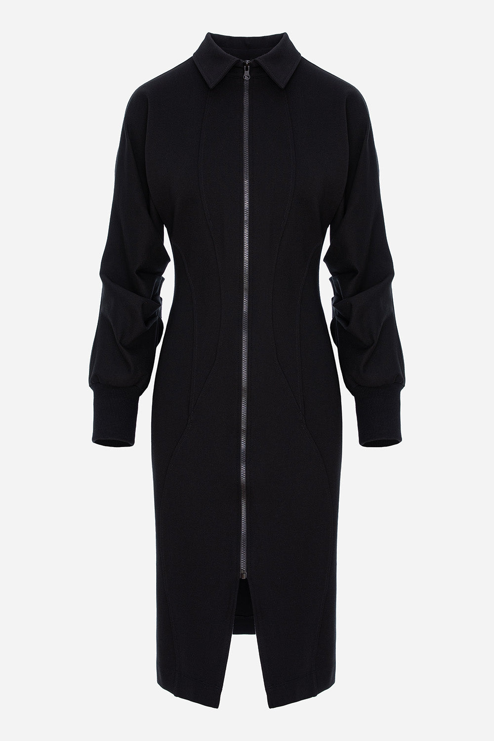Czarna bluzka-sukienka Kaia z rękawami na gumkę i ukrytym zamkiem bocznym.