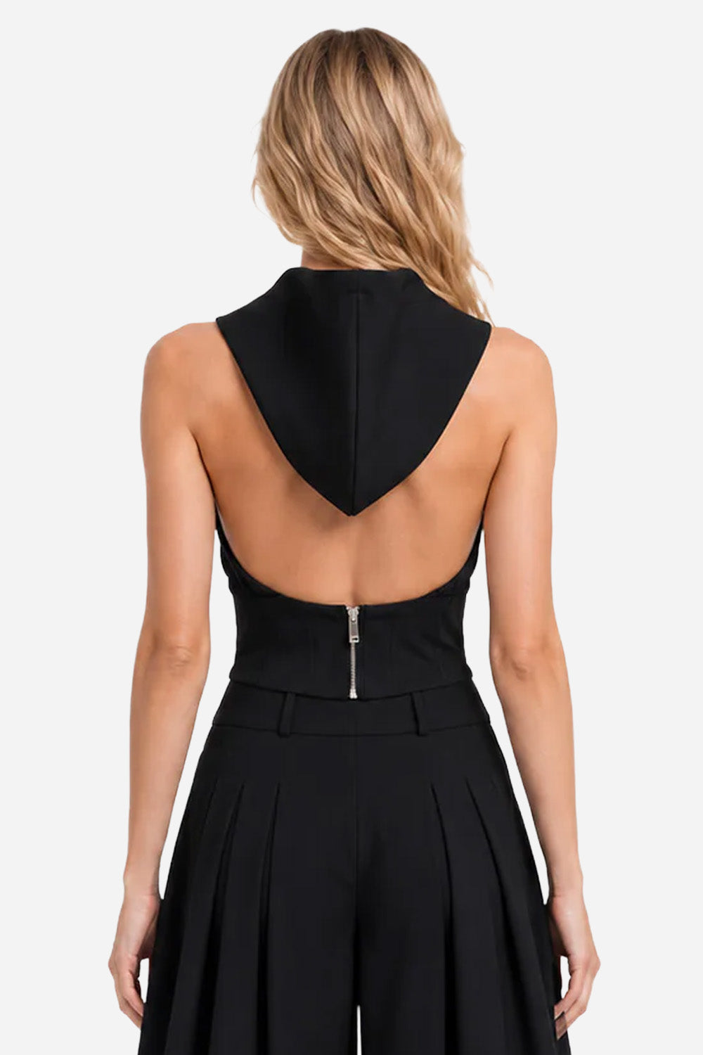 Top corset femei negru din vâscoză cu glugă supradimensionată, purtat de un model feminin, vedere din spate
