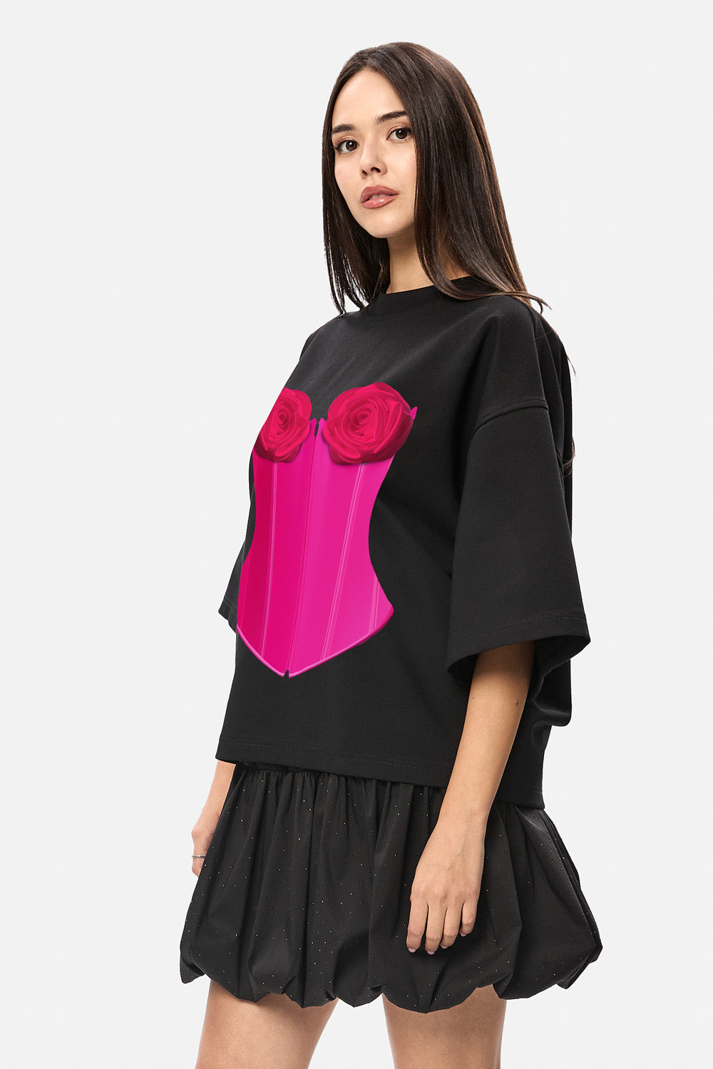 Tricou de femei cu imprimeu cu corset Roses | Confort & Eleganță | Negru | Atelier Hamza