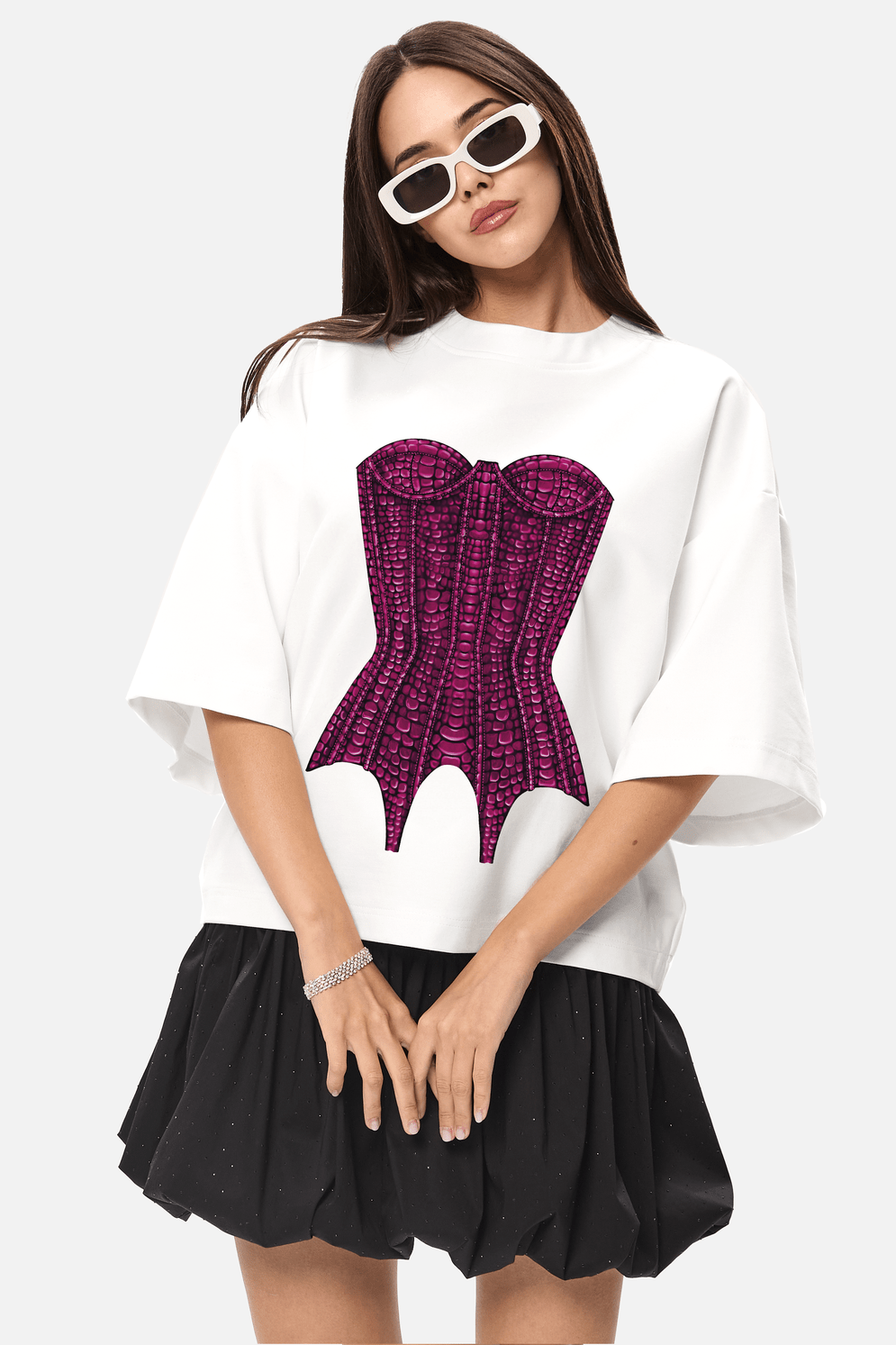 Tricou de dama Kyo velvet, alb, off-white, minimalist, cu print deosebit corset , din bumbac premium.