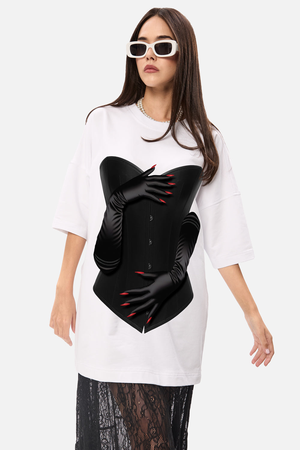 Sukienka T-shirt Salerno z nadrukiem i przyczepionym kwiatem