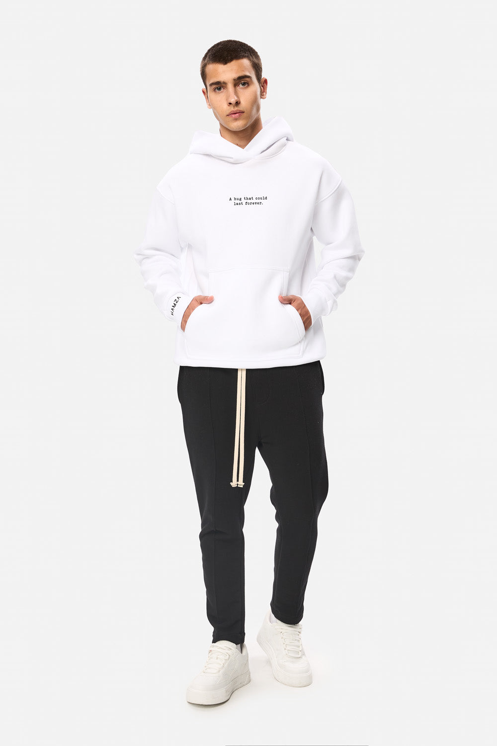 A hug that could last 4ever Printed Fleece Hoodie Barbati | Confort & Eleganță | Alb | Atelier Hamza