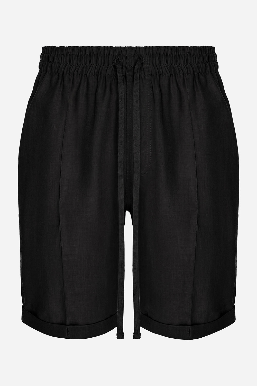 Pantaloni scurți bărbați negri din in cu talie elastică și cusături decorative, manechin invizibil, vedere din față