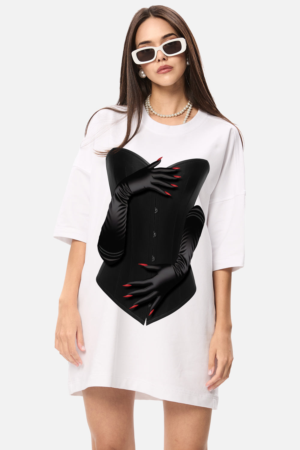 White dress with black glove design worn by a model on a white background