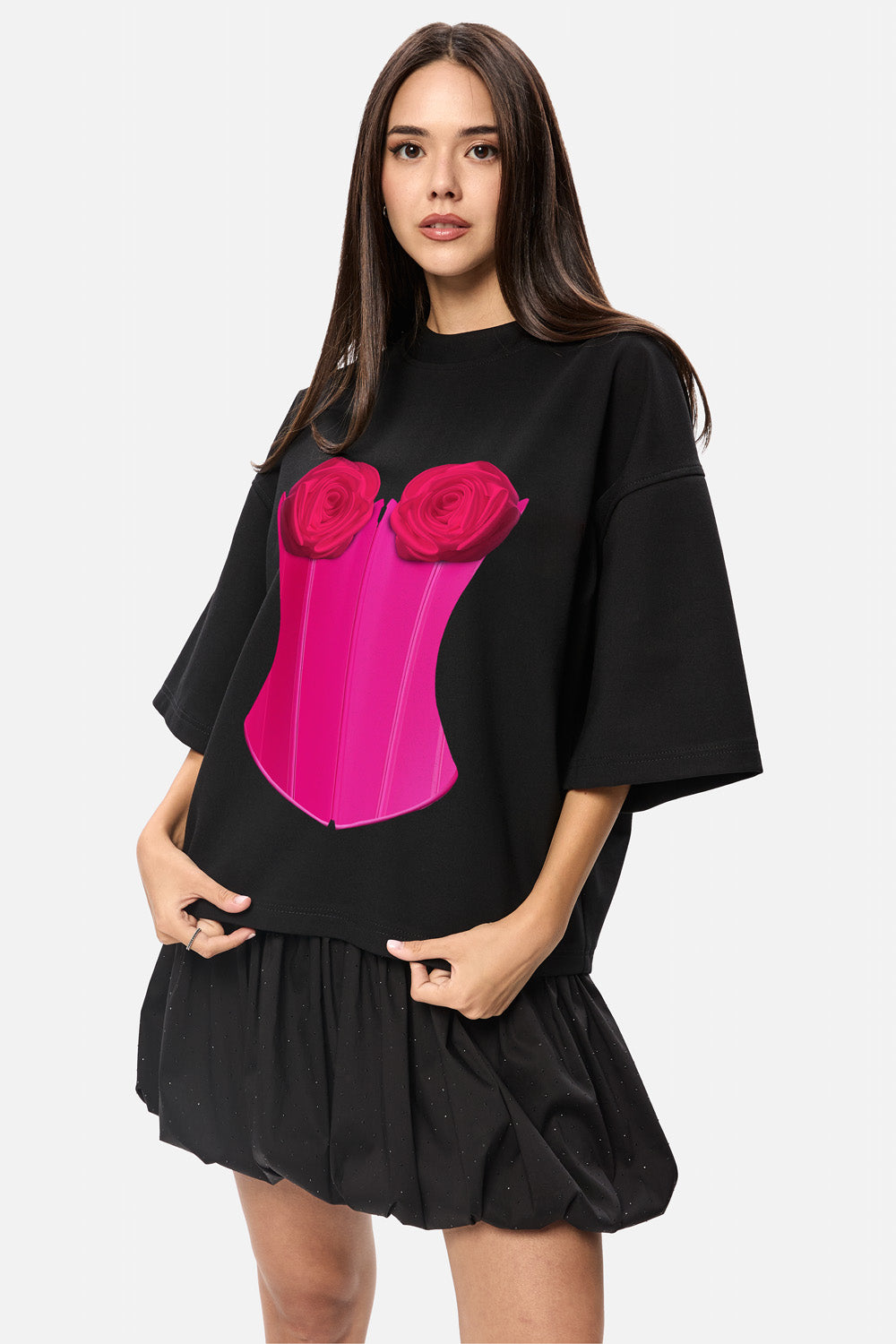 Tricou de femei cu imprimeu cu corset Roses | Confort & Eleganță | Negru | Atelier Hamza