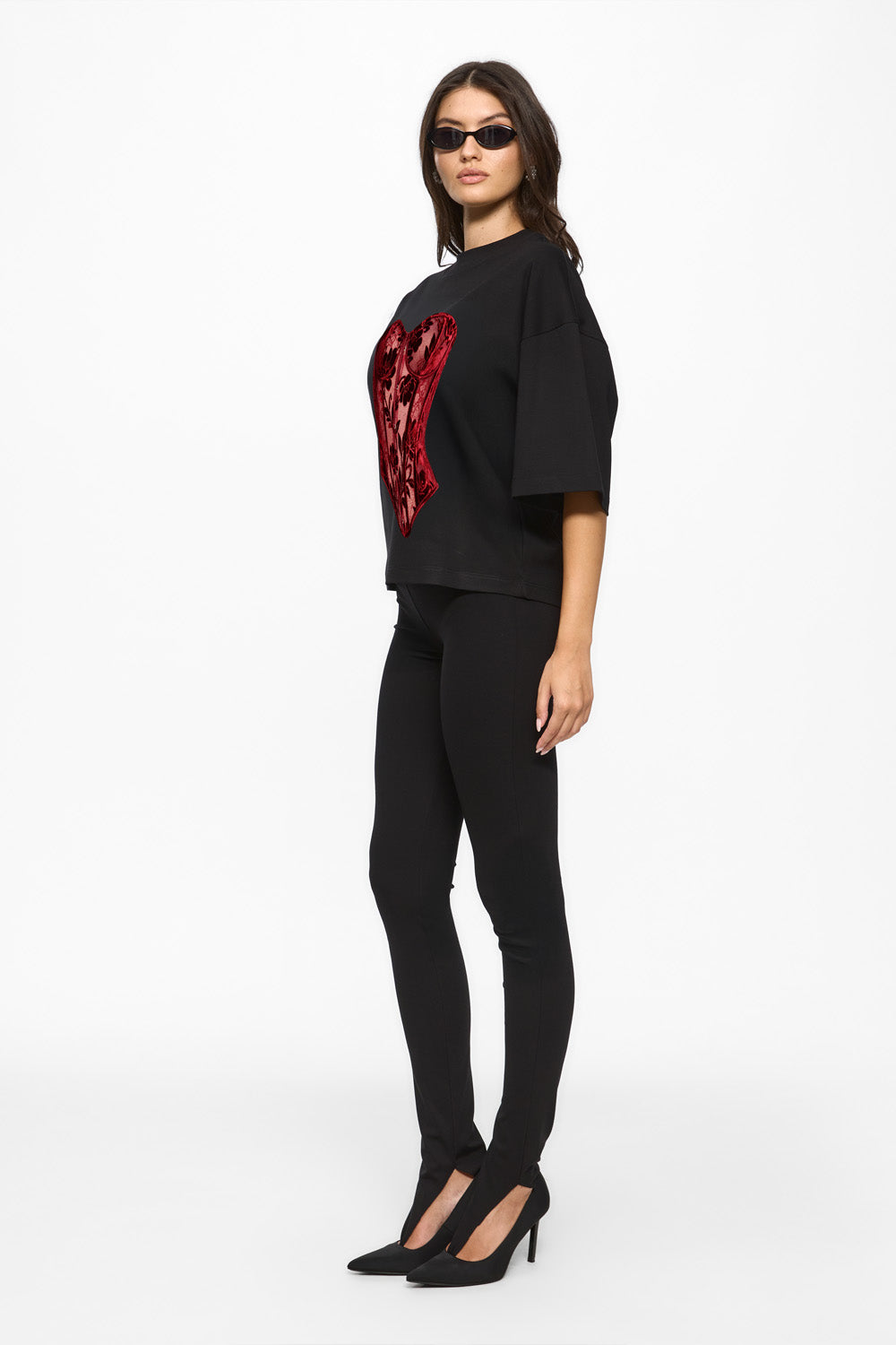 Red Lace printed Black T-Shirt