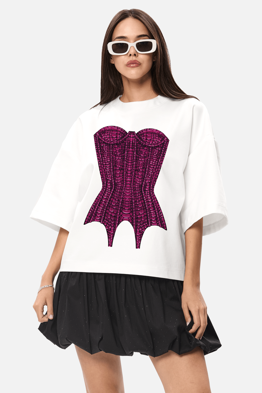 Tricou de dama Kyo velvet, alb, off-white, minimalist, cu print deosebit corset , din bumbac premium.