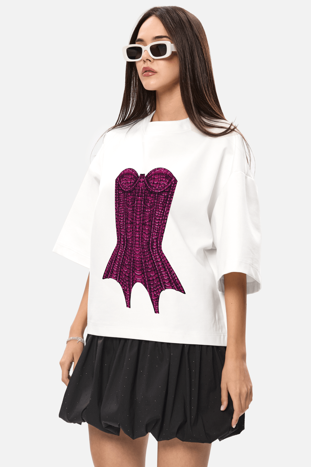 Tricou de dama Kyo velvet, alb, off-white, minimalist, cu print deosebit corset , din bumbac premium.