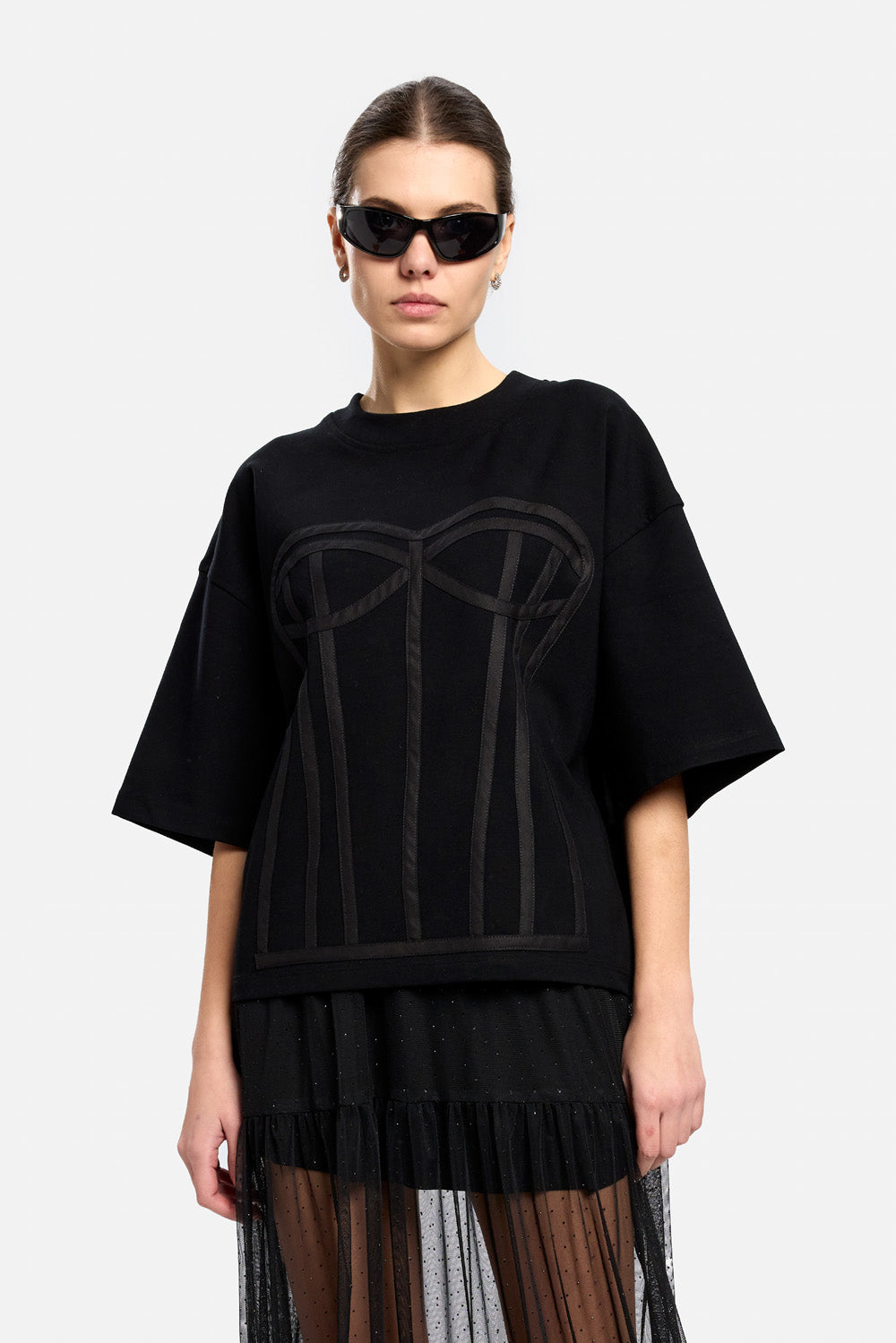 Tricou cu corset cusut Kora| Femei | Negru | Stil Modern & Elegant | Confort & Funcționalitate | Atelier Hamza