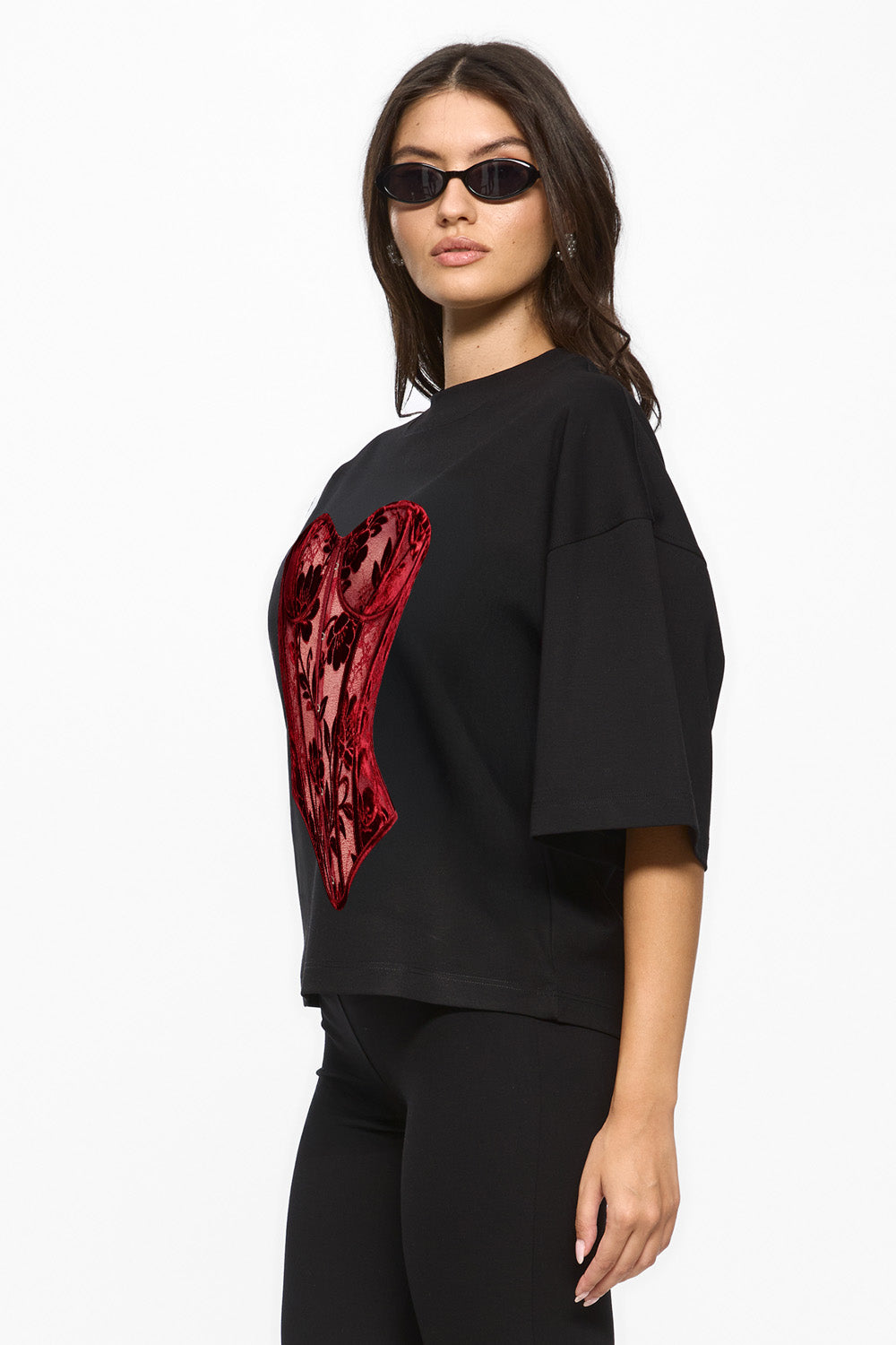 Red Lace printed Black T-Shirt