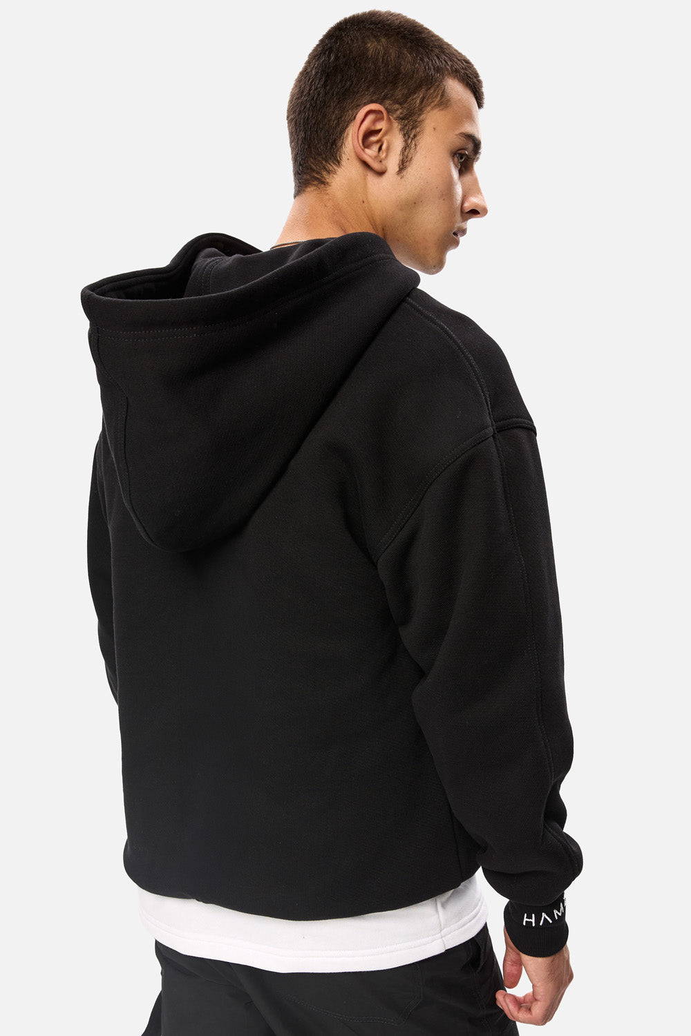 Hanorac cu fermoar bărbați, negru, minimalist, cu print artistic „Fallen”, din bumbac premium.