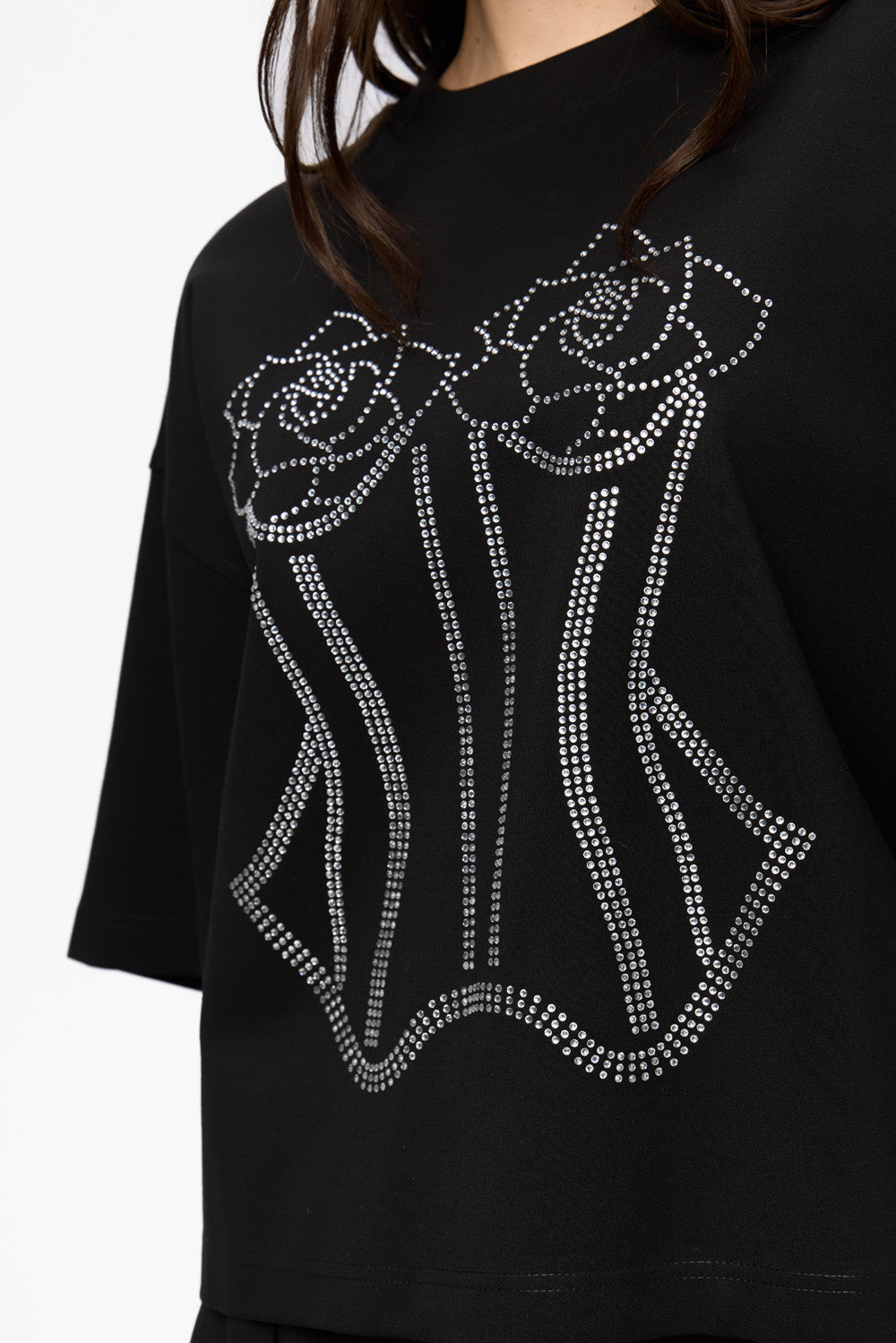Roses Black T-shirt with Applied Rhinestone