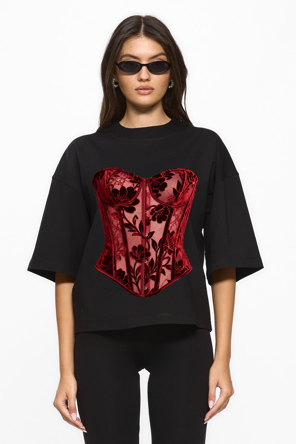 Red Lace printed Black T-Shirt