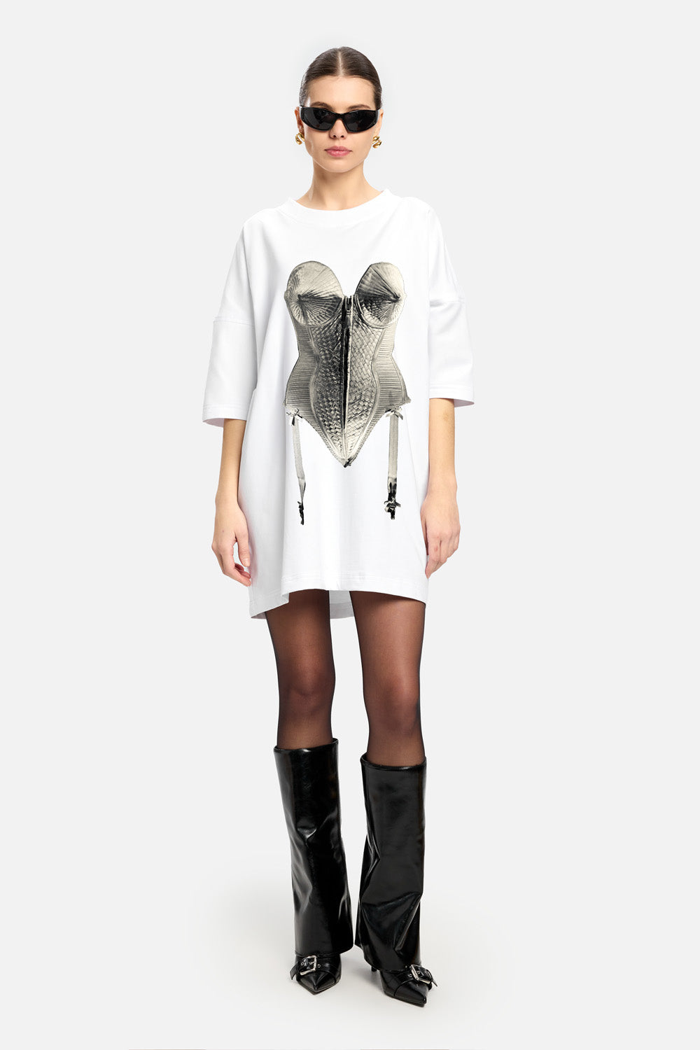 Rochie tricou Madona cu corset imprimat| Femei | Alb | Stil Modern & Elegant | Confort & Funcționalitate | Atelier Hamza