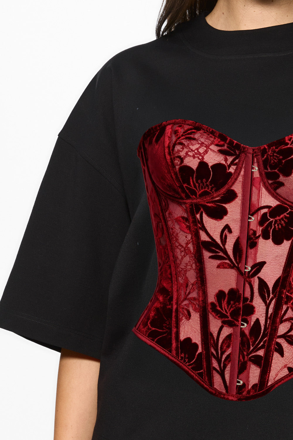 Red Lace printed Black T-Shirt