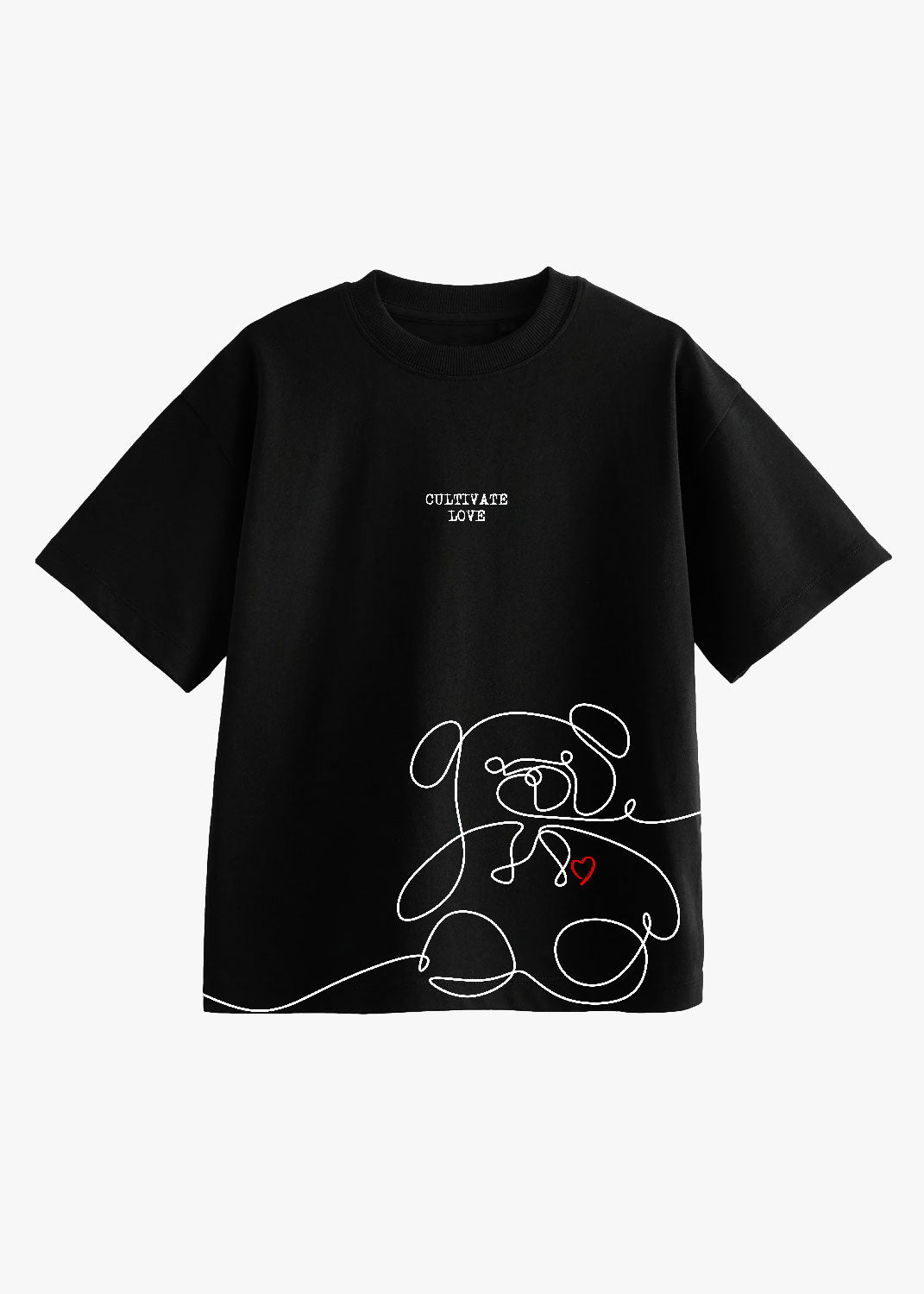Tricou copii negru "Love" cu ursuleț și inimioară, mesaj "Cultivate Love", Atelier Hamza