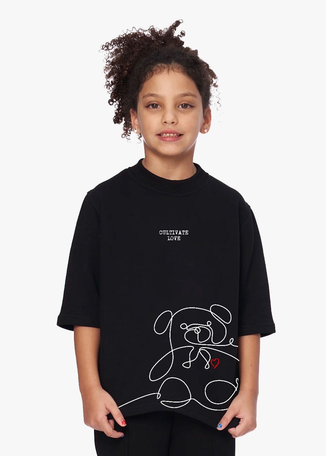 Tricou copii negru "Love" cu ursuleț și inimioară, mesaj "Cultivate Love", Atelier Hamza