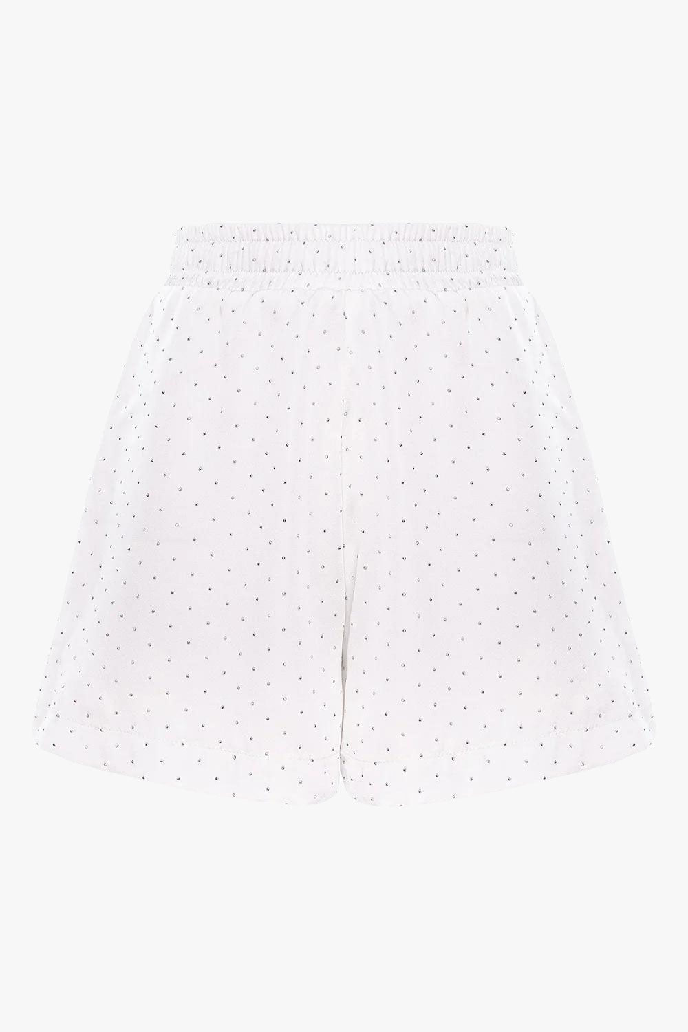 Pantaloni scurți damă, albi, bumbac premium, croială modernă, detalii elegante (pietre decorative).
