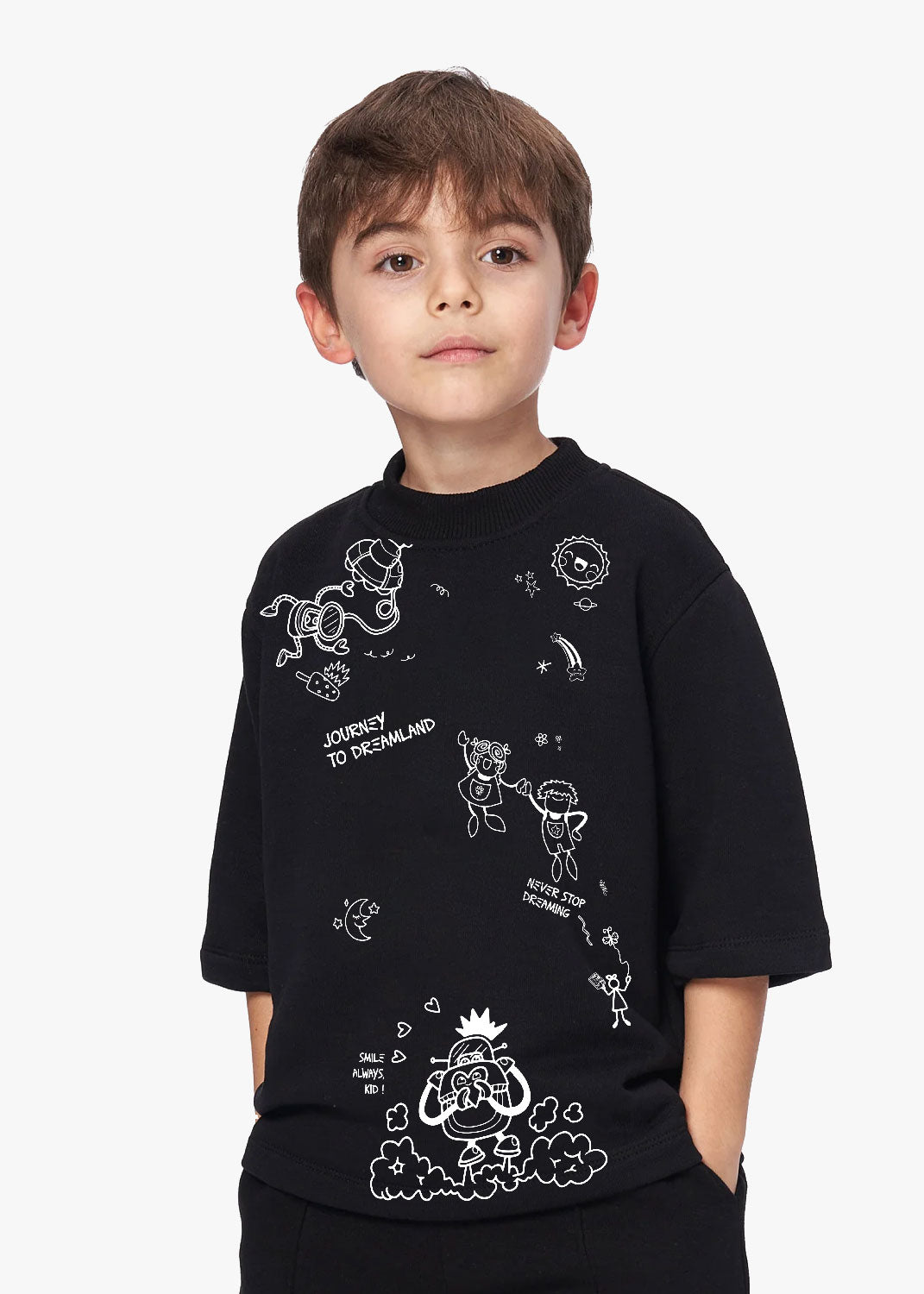 Tricou negru copii "LaLaLand", imprimeu alb creativ, material moale, bumbac 90%