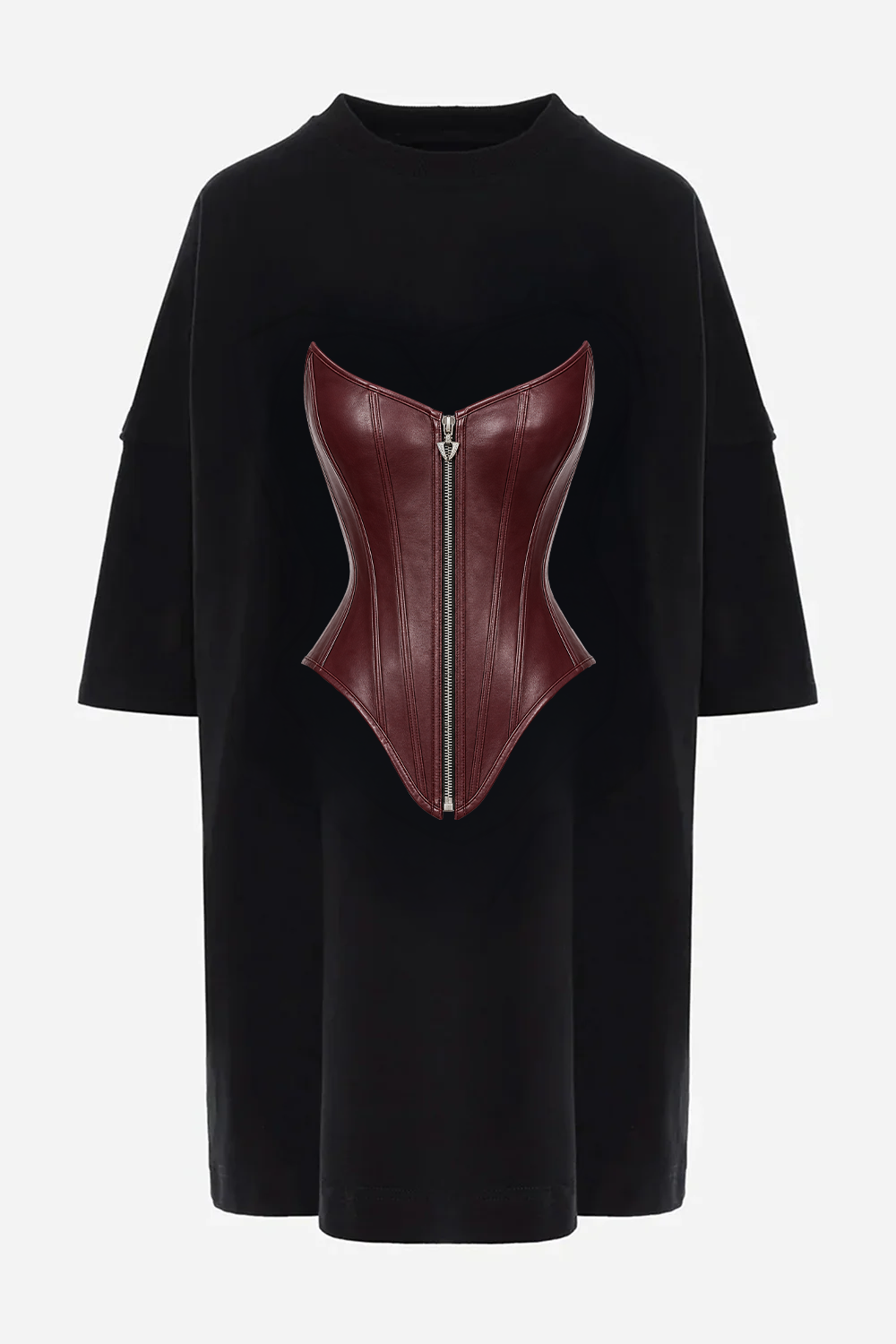 Rochie mini oversized damă neagră din bumbac organic cu imprimeu frontal, manechin invizibil, vedere din față