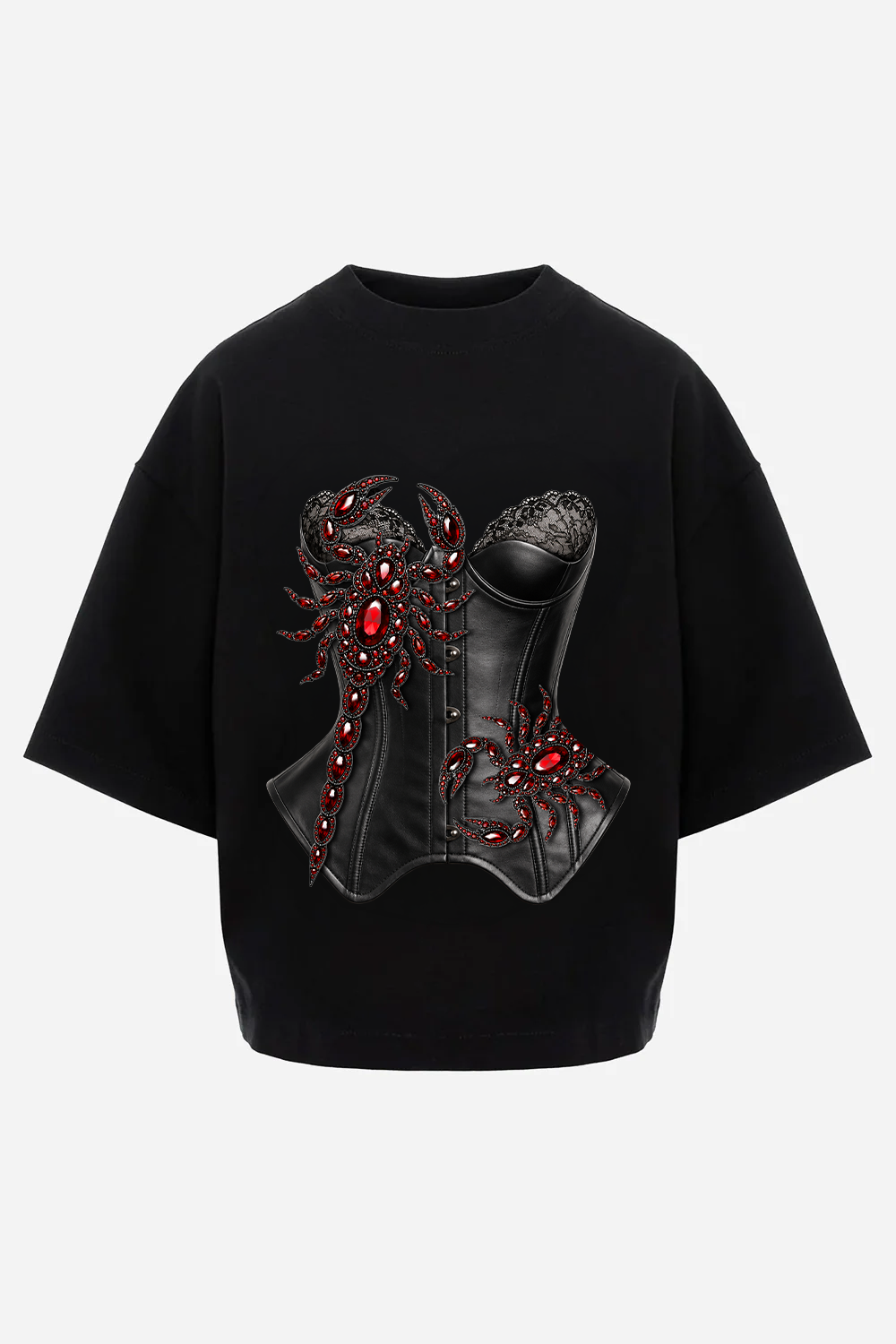 Tricou oversized damă negru din vâscoză cu imprimeu frontal și mâneci clopot, manechin invizibil, vedere din față