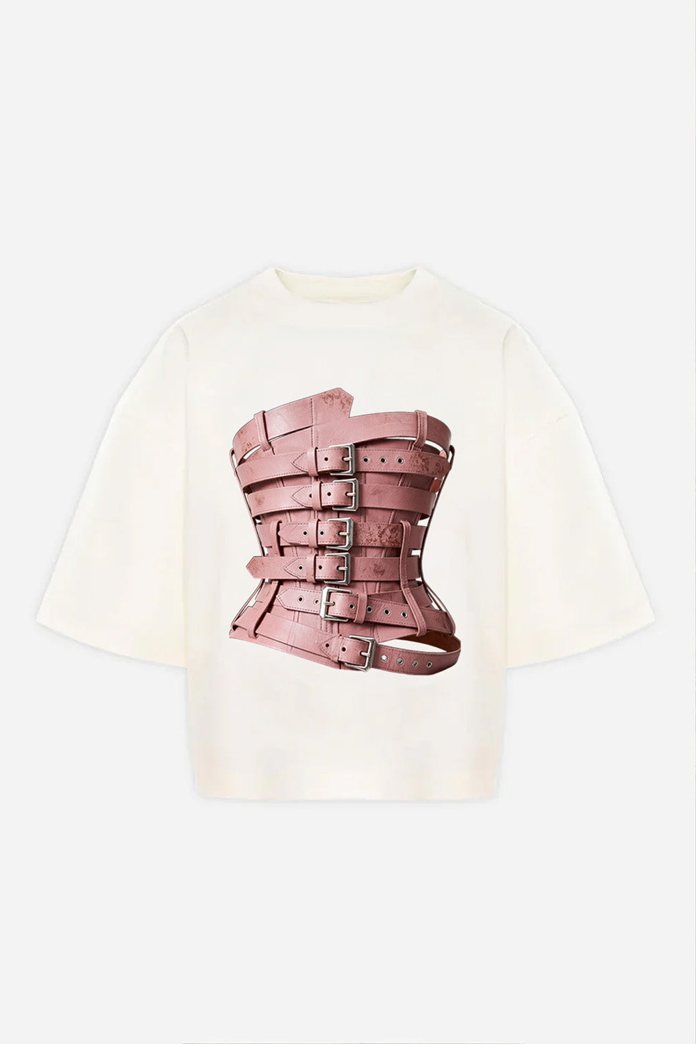 Tricou oversized damă off-white din vâscoză cu imprimeu frontal și mâneci clopot, vedere din față pe manechin invizibil
