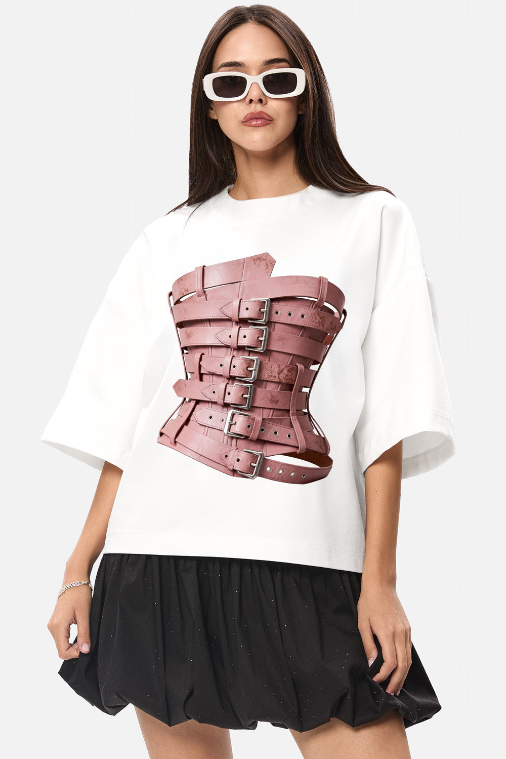 Tricou oversized damă off-white din vâscoză cu imprimeu frontal și mâneci clopot, vedere din față