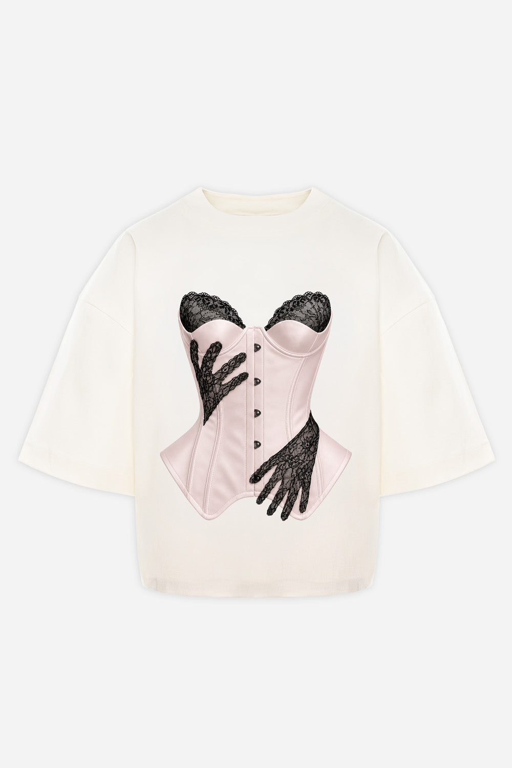 Tricou oversized damă off-white din vâscoză cu imprimeu frontal și mâneci clopot, manechin invizibil, vedere din față