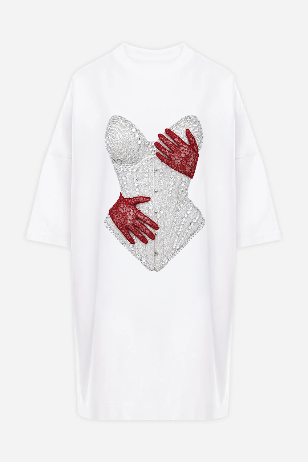 Rochie mini oversized damă albă din bumbac organic cu imprimeu față-spate, manechin invizibil, vedere din față