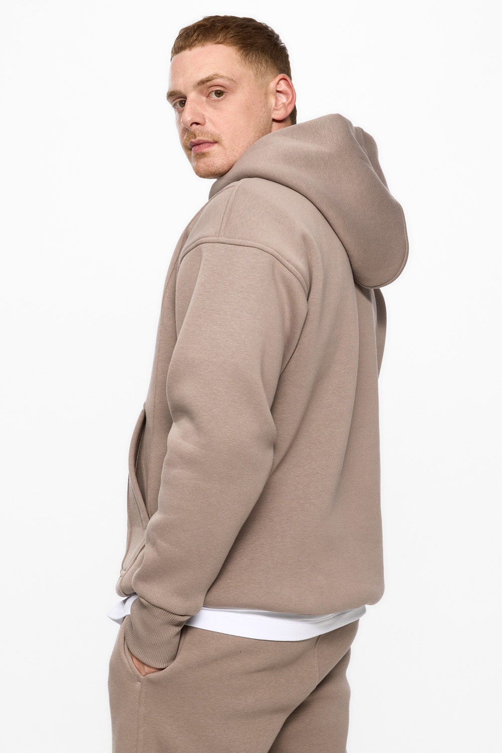 247 beige fleece Hoodie with decorative stitching