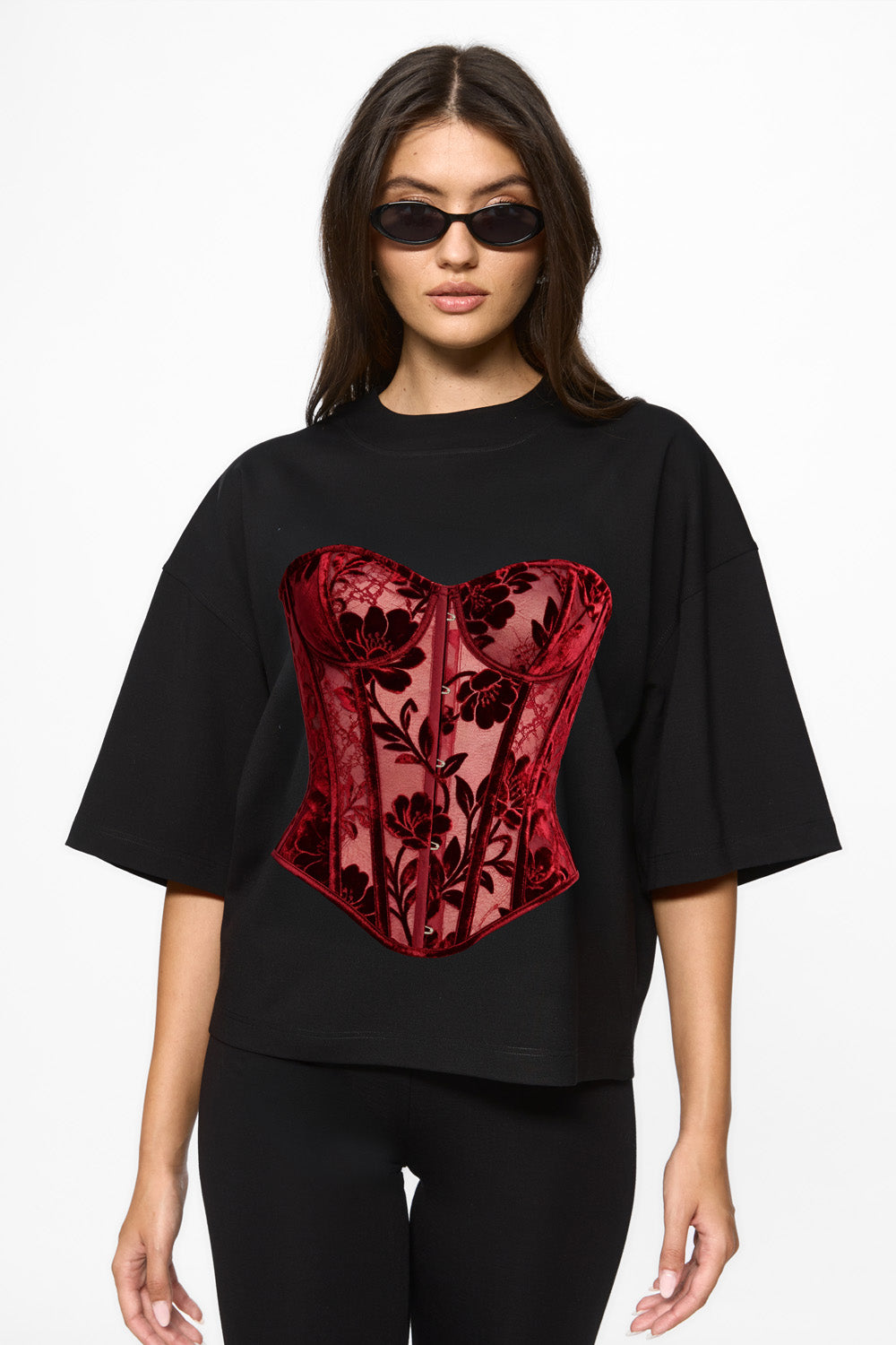 Red Lace printed Black T-Shirt