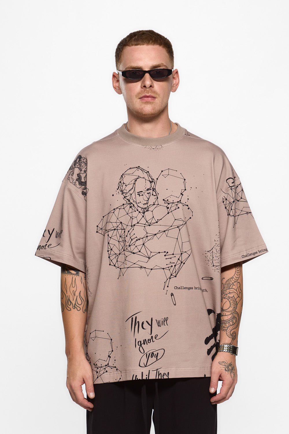 Tattoo Printed Beige Oversized T-shirt