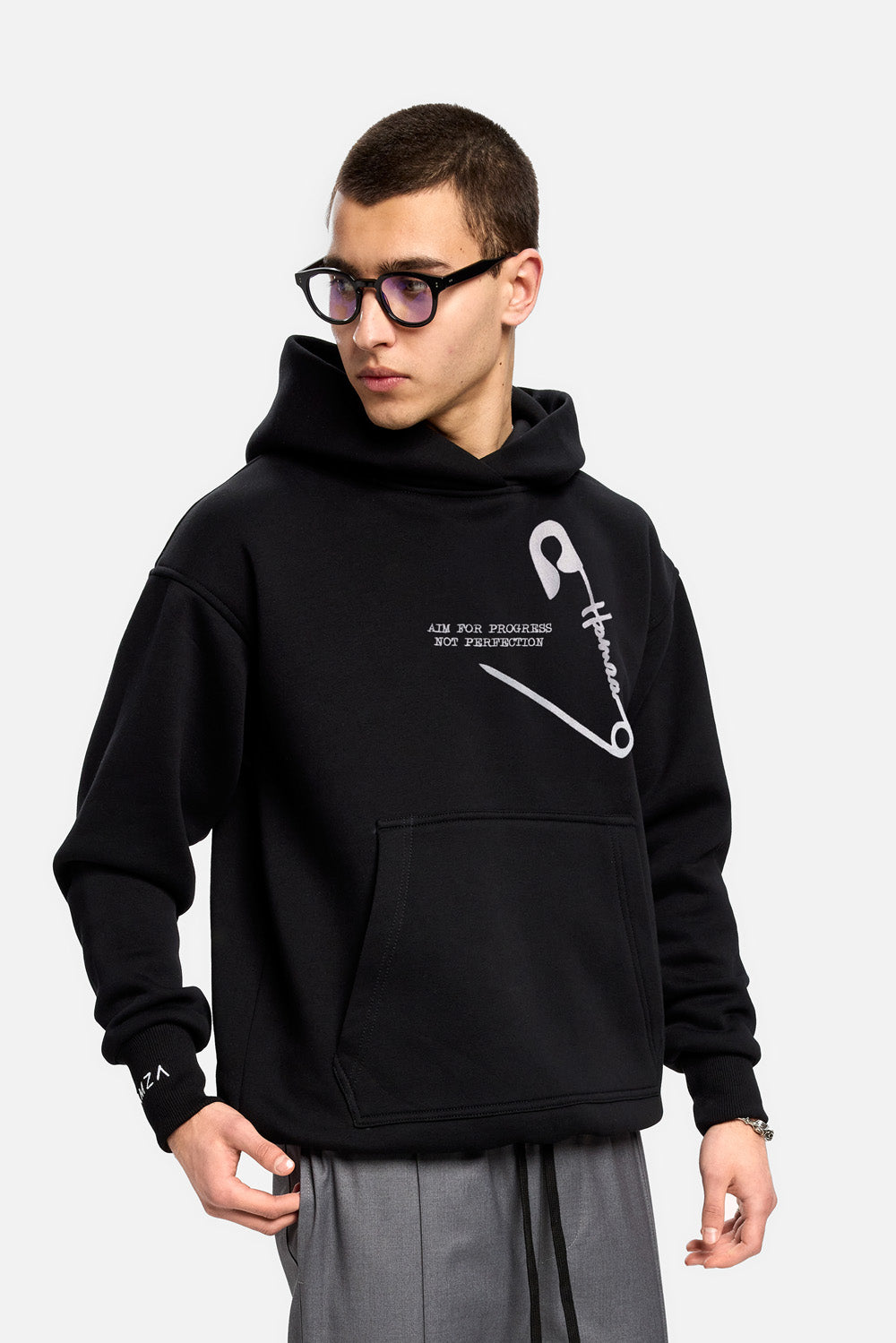 Safety Pin  embroidered fleece Hoodie