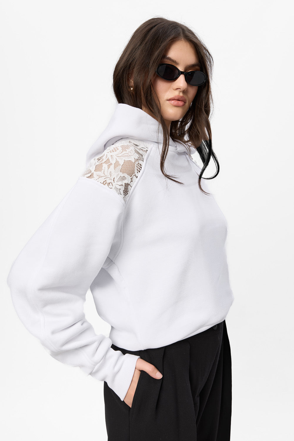 Bia V2 Fleece White Hoodie with sheer lace inserts