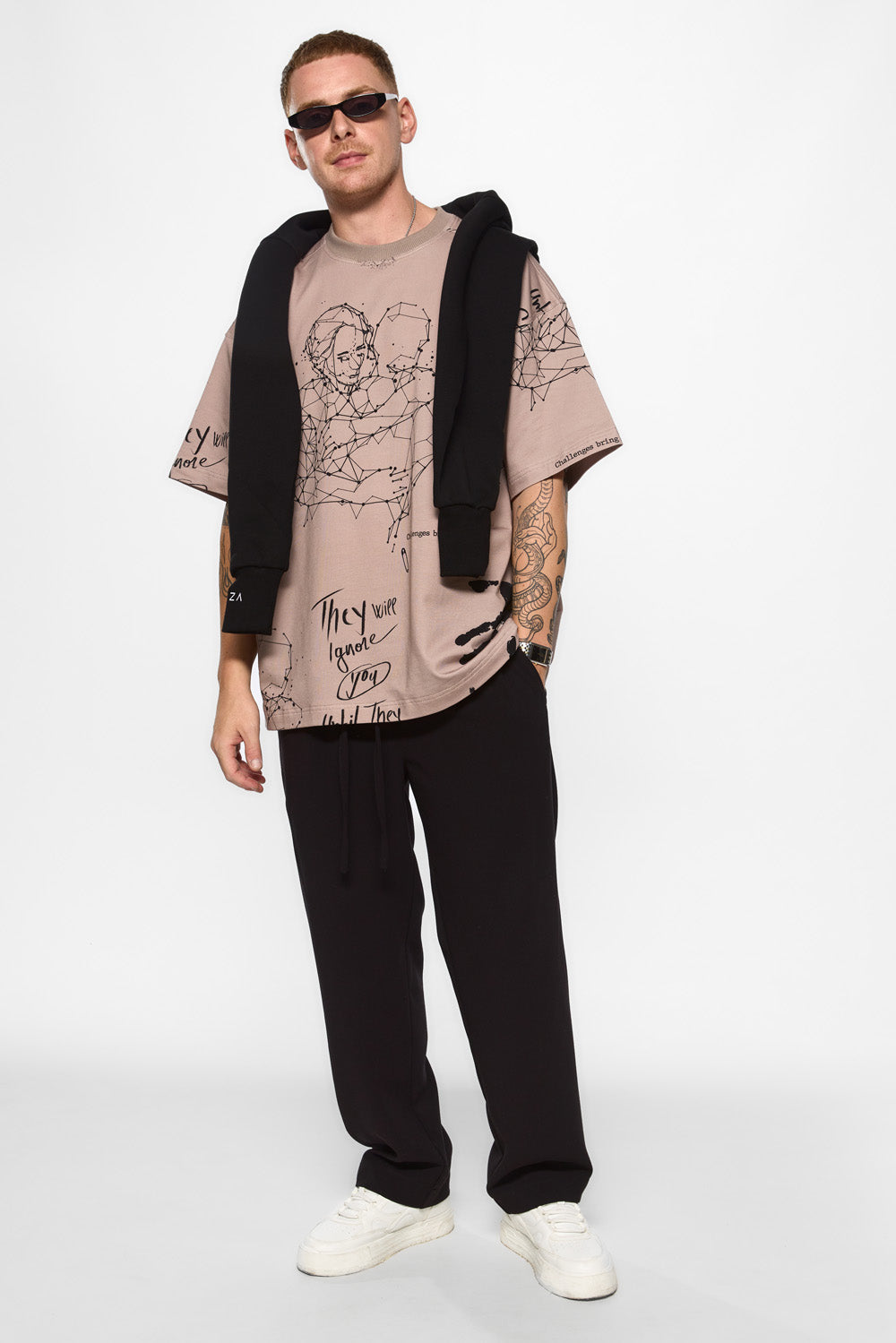 Tattoo Printed Beige Oversized T-shirt
