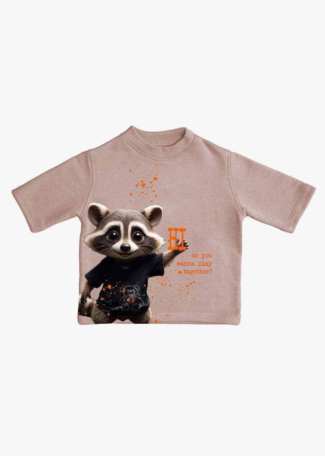 Tricou bej copii "Racoon", imprimeu drăgălaș cu raton, material moale, bumbac 90%
