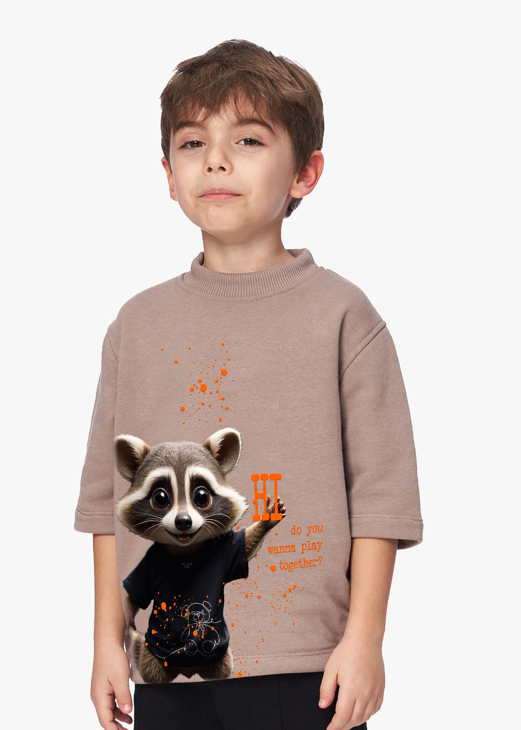 Tricou bej copii "Racoon", imprimeu drăgălaș cu raton, material moale, bumbac 90%
