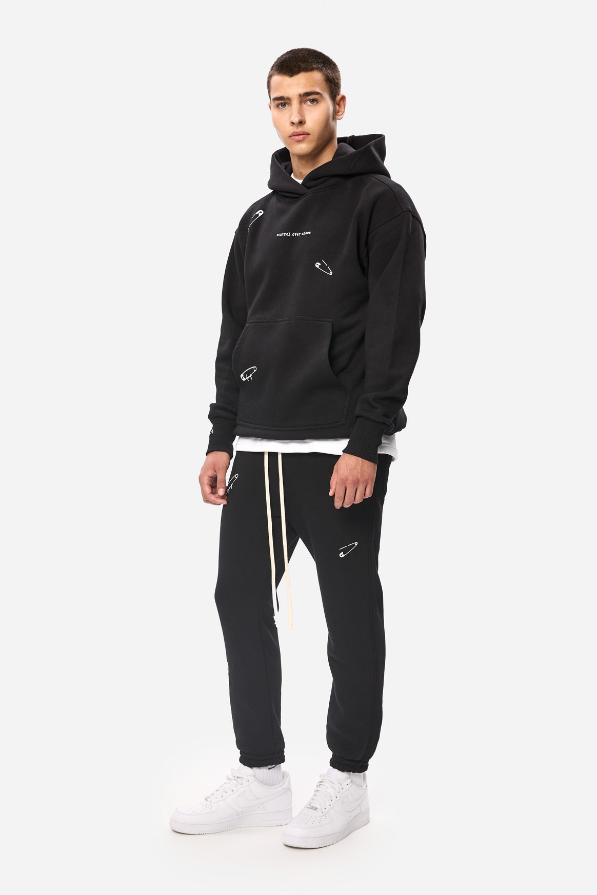 Safety Pin Black Printed Fleece Hoodie