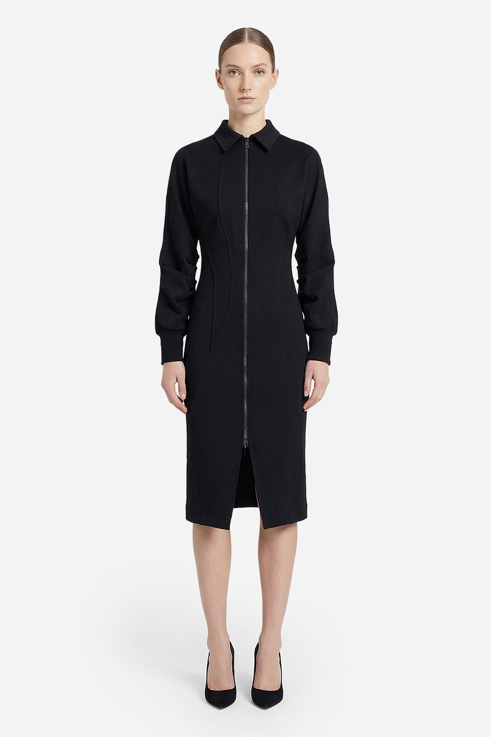 Czarna bluzka-sukienka Kaia z rękawami na gumkę i ukrytym zamkiem bocznym.